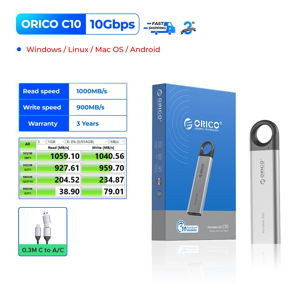 1TB External SSD Up to 1050MB/S Hanging Hole Design Portable Solid State Drive Storage PSSD