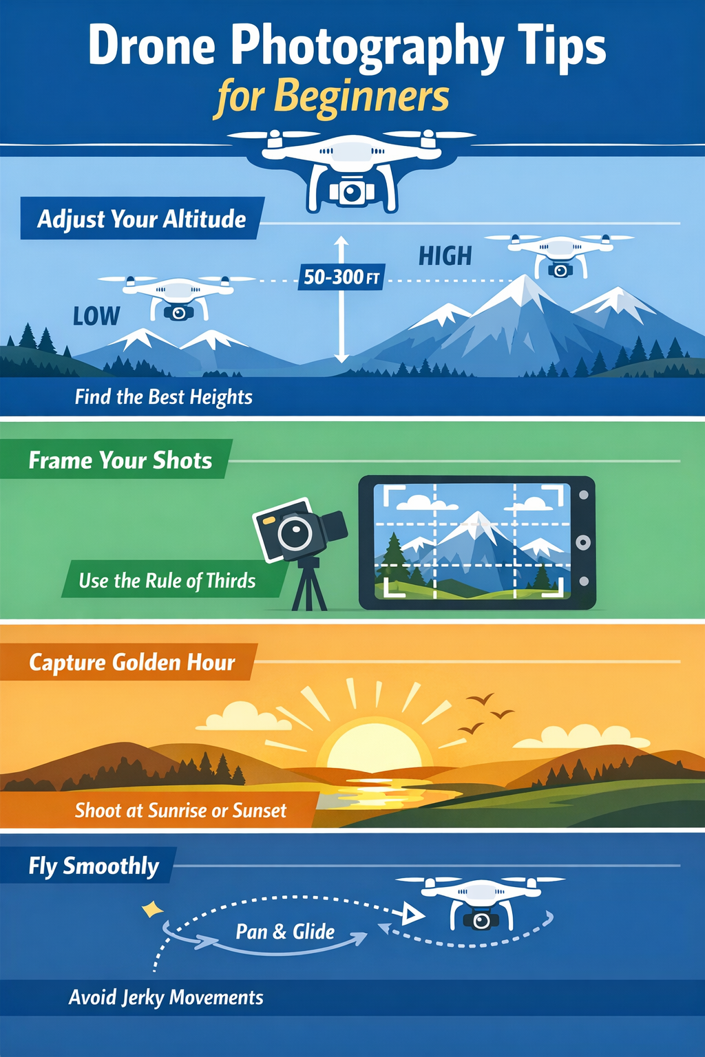 Drone Infographic four tips ifor beginners, ncluding , adjust altitude, frame shots, golden hour and fly smooth