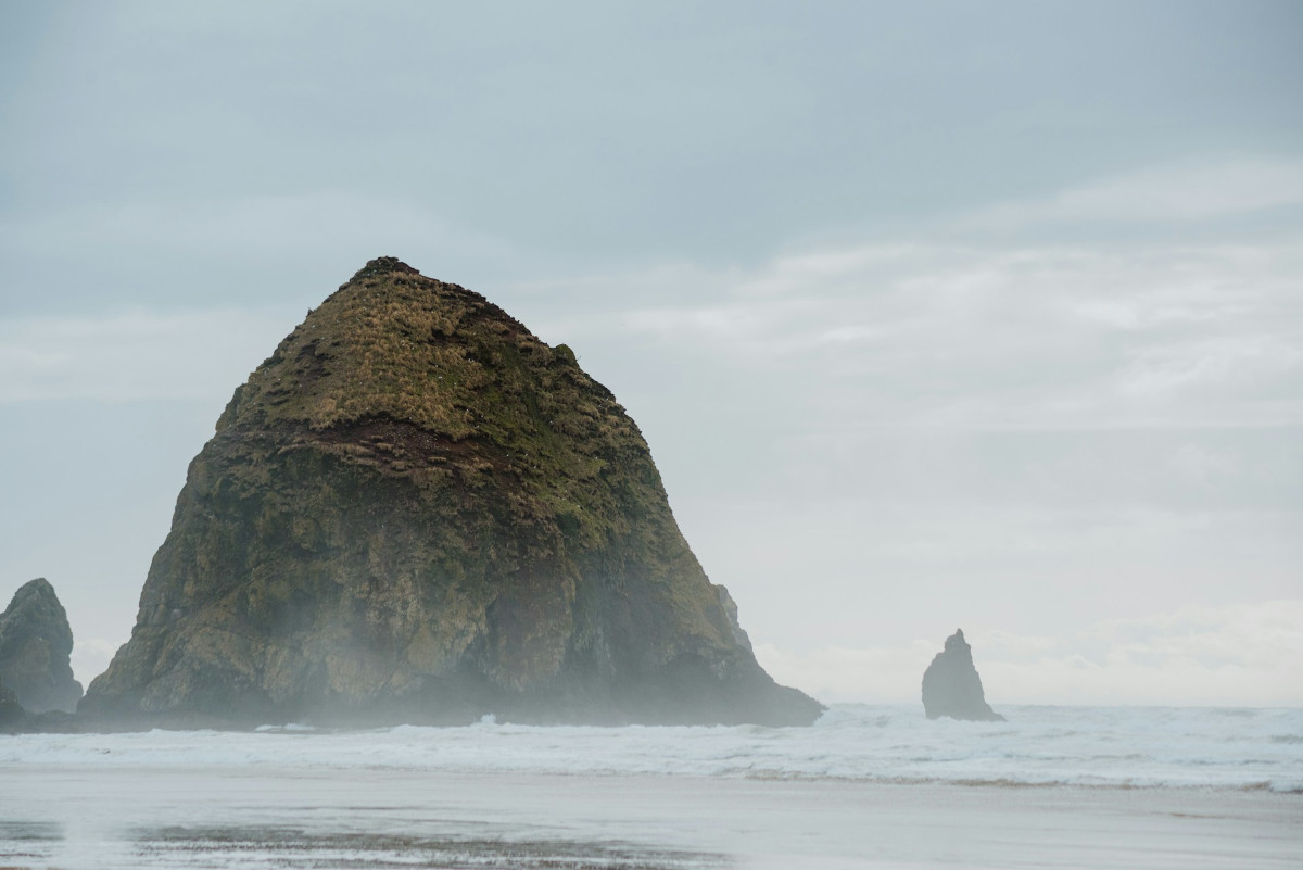 Drone aerial photograph of Oregon coast sea stacks and ocean waves